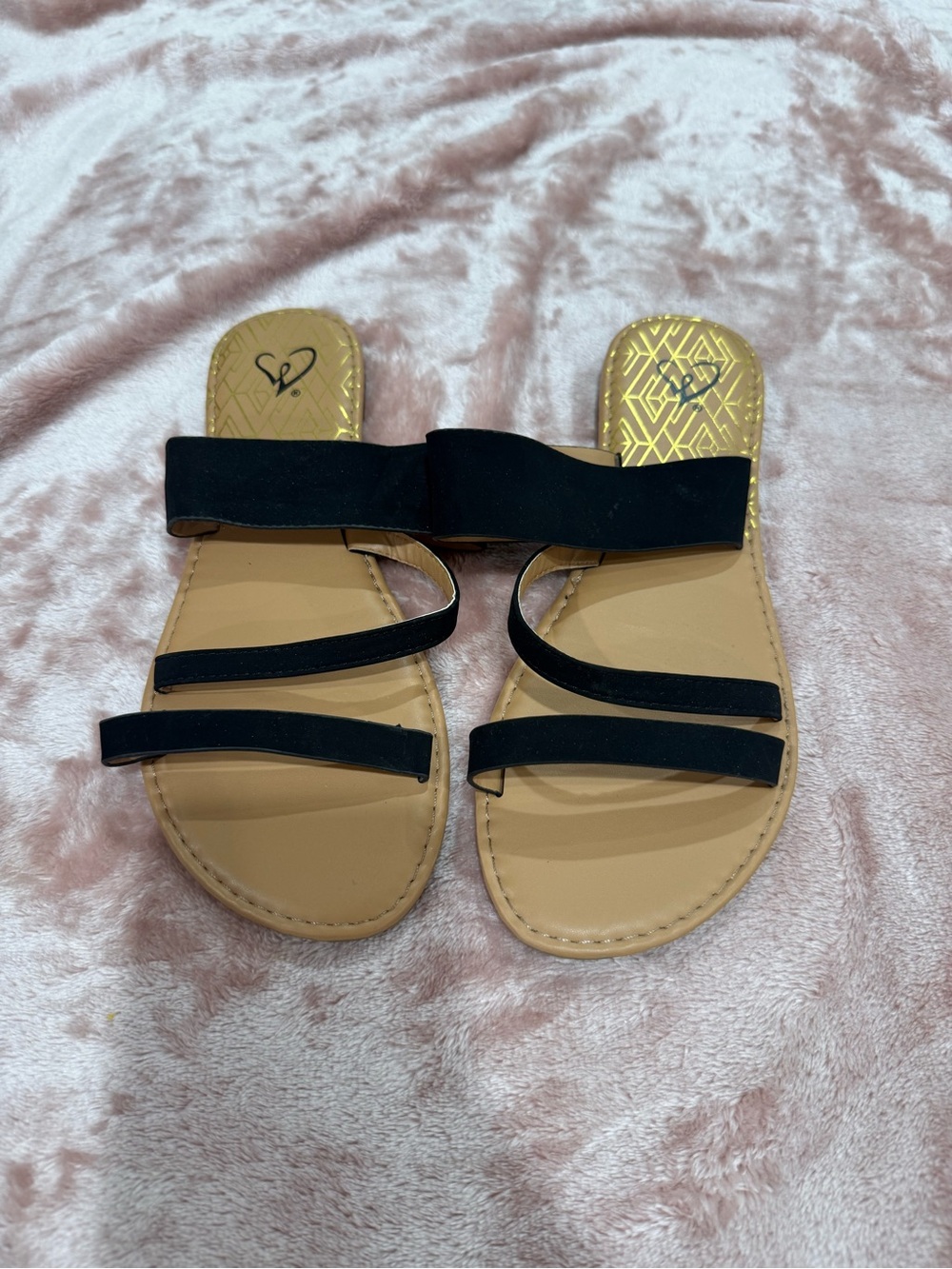 Black Multi-Strap Slide Sandals with Gold Insole Accents